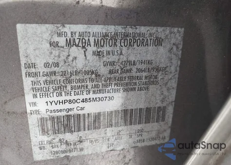 2008 Mazda Mazda6 I Sport Ve z USA, uszkodzony, nr VIN 1YVHP80C485M30730